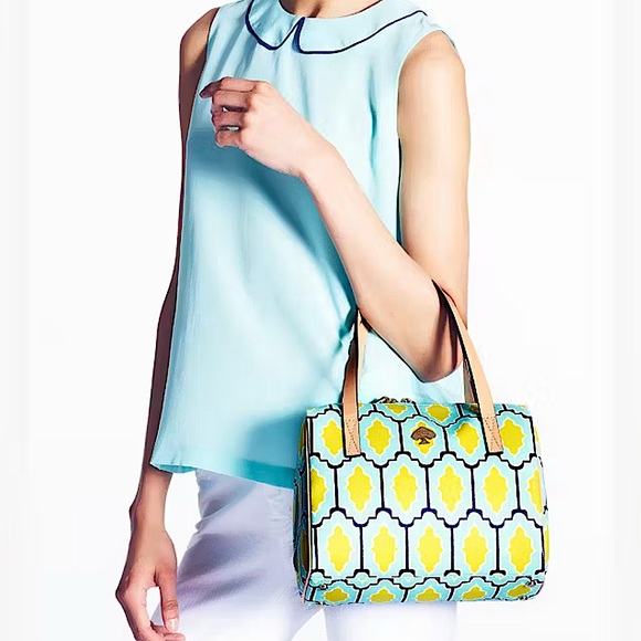 Kate Spade Cabana Tile Damien Bright Blue Green Graphic Satchel Rare - Picture 2 of 15